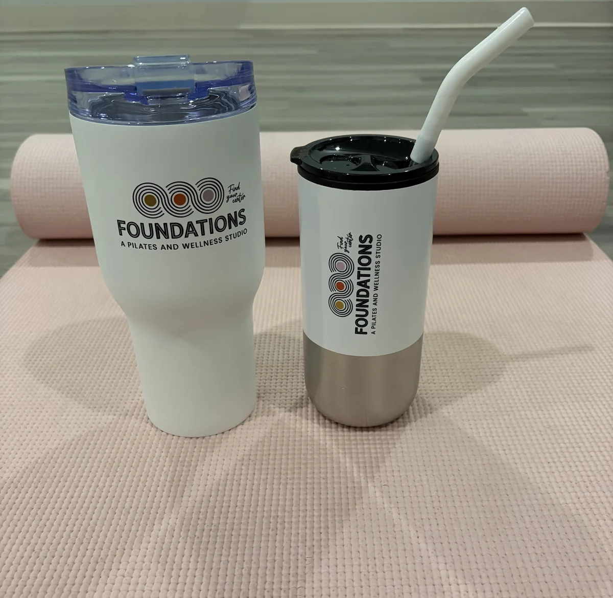 Foundations Pilates and Wellness Studio branded insulated water bottles