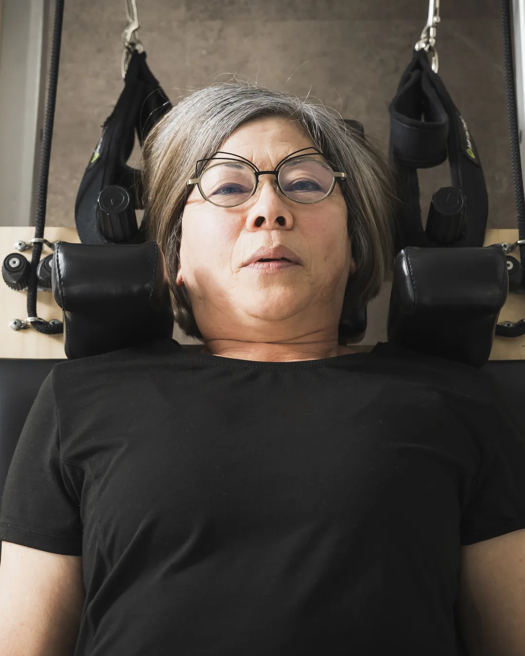 Client receiving myofascial release and stretch therapy in the wellness studio at Foundations